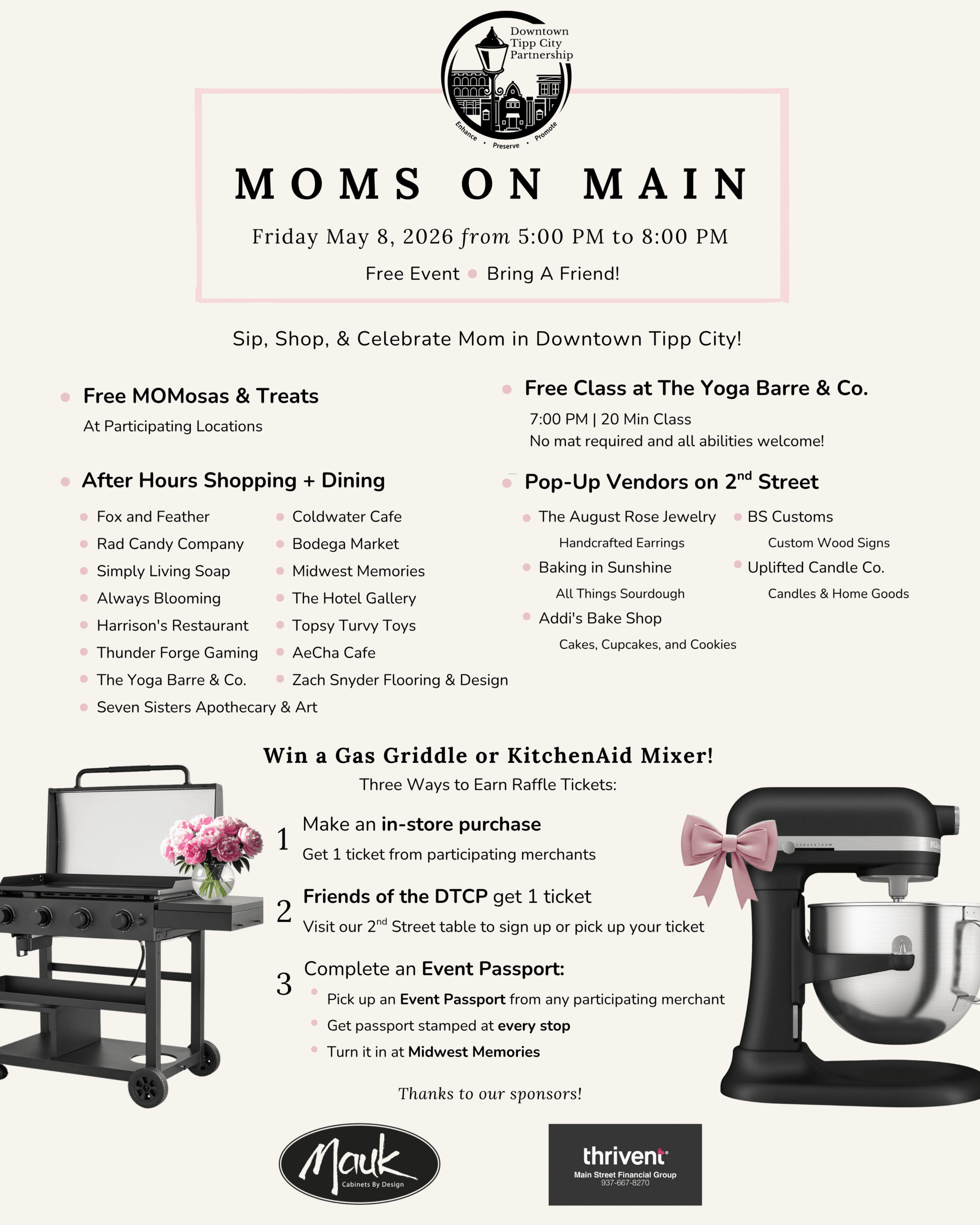 Infographic for 2026 Moms on Main Event in Tipp City Friday May 8, 2026